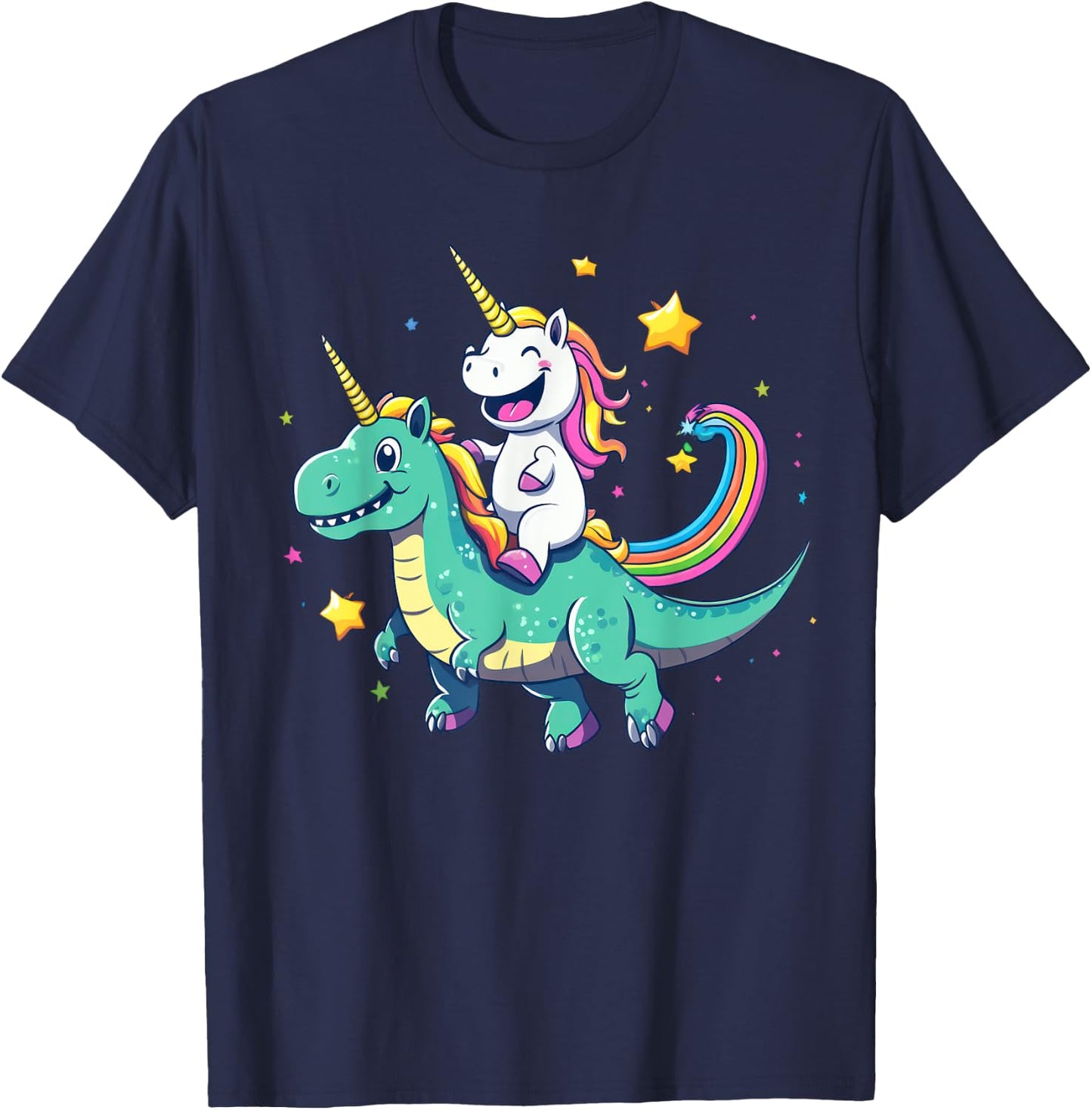 Cute Unicorn Riding T-Rex Rainbow Galaxy Design T-Shirt - T-Shirt | Navy