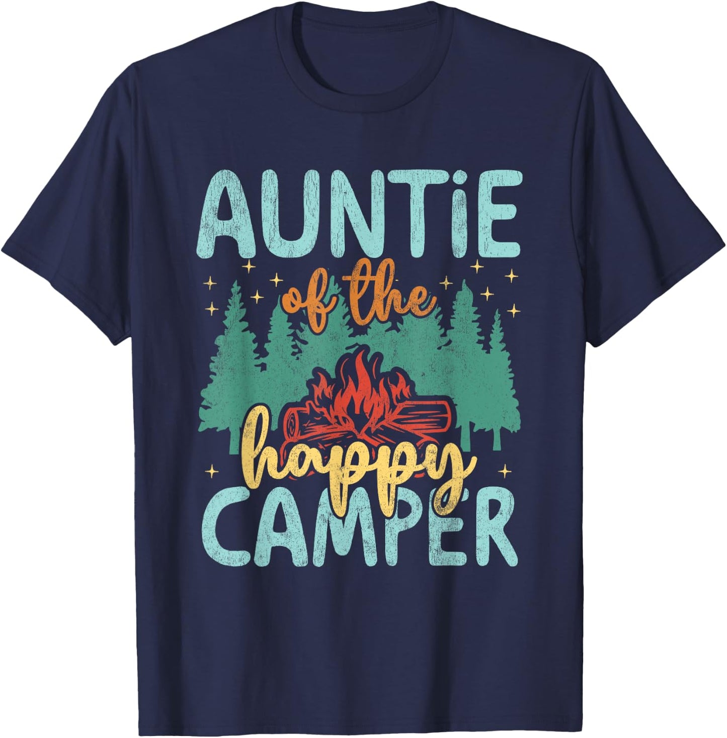 Auntie of Happy Camper 1st Birthday Party Retro Auntie T-Shirt - T-Shirt | Navy