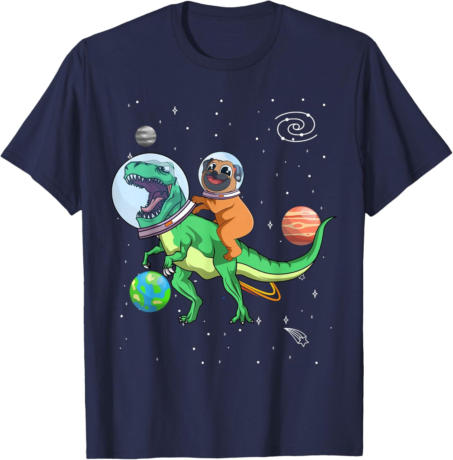 T-Rex Dinosaur In the Outer Space Astronaut Dog Pug Women Kids T-Shirt - T-Shirt | Navy