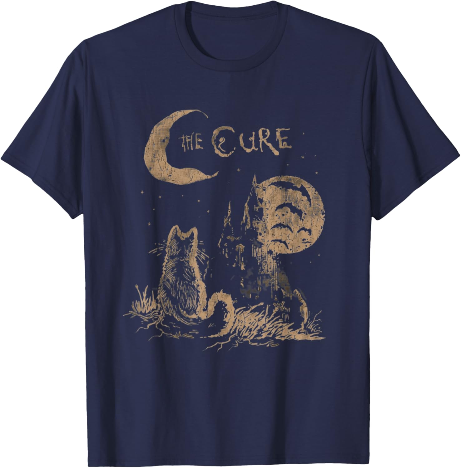 Midnight Cure Gothic Black Cat Retro Graphic T-Shirt - T-Shirt | Navy