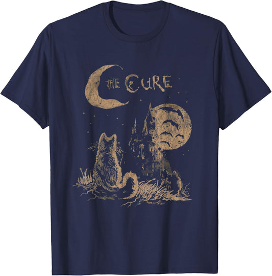 Midnight Cure Gothic Black Cat Retro Graphic T-Shirt - T-Shirt | Navy