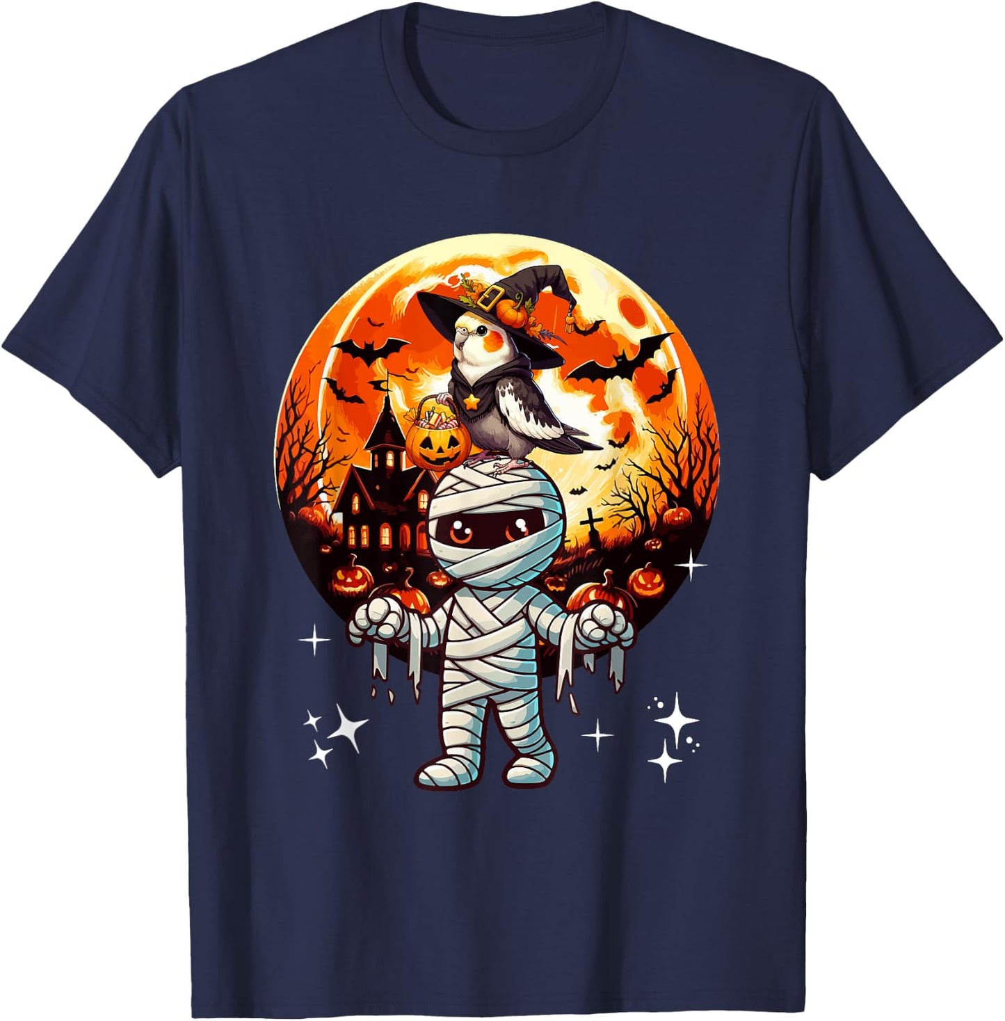 Cockatiel As Witch On Mummy Halloween Candies Basket Pumpkin T-Shirt - T-Shirt | Navy