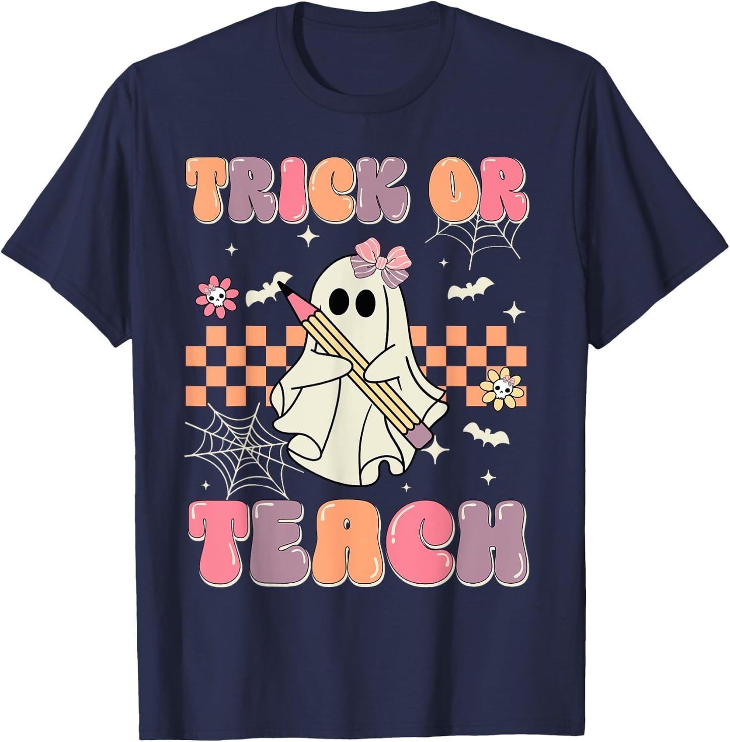 Funny Halloween Teachers Trick Or Teach Groovy Ghost Women Kids T-Shirt - T-Shirt | Navy