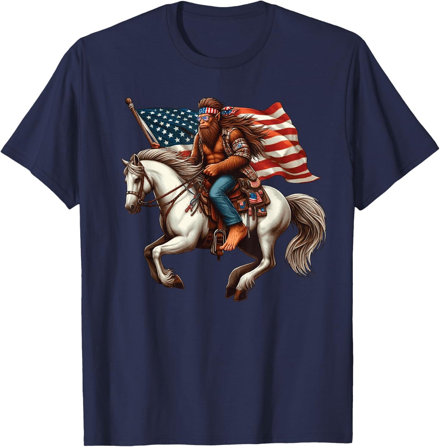 Funny Bigfoot Sasquatch USA Mullet Bandana Horse Riding T-Shirt - T-Shirt | Navy
