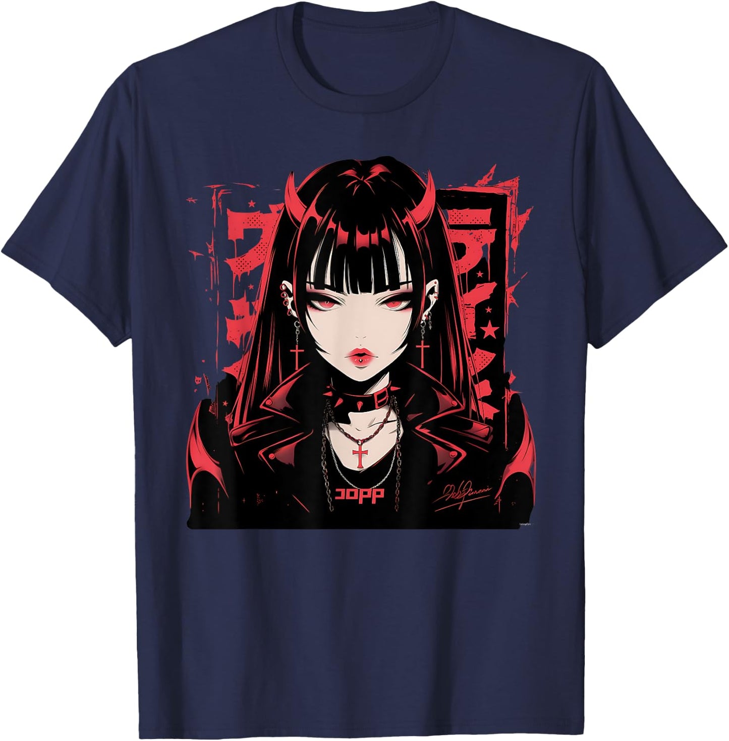 Goth Grunge Demon Anime Girl Waifu Horror Alt Aesthetic T-Shirt - T-Shirt | Navy