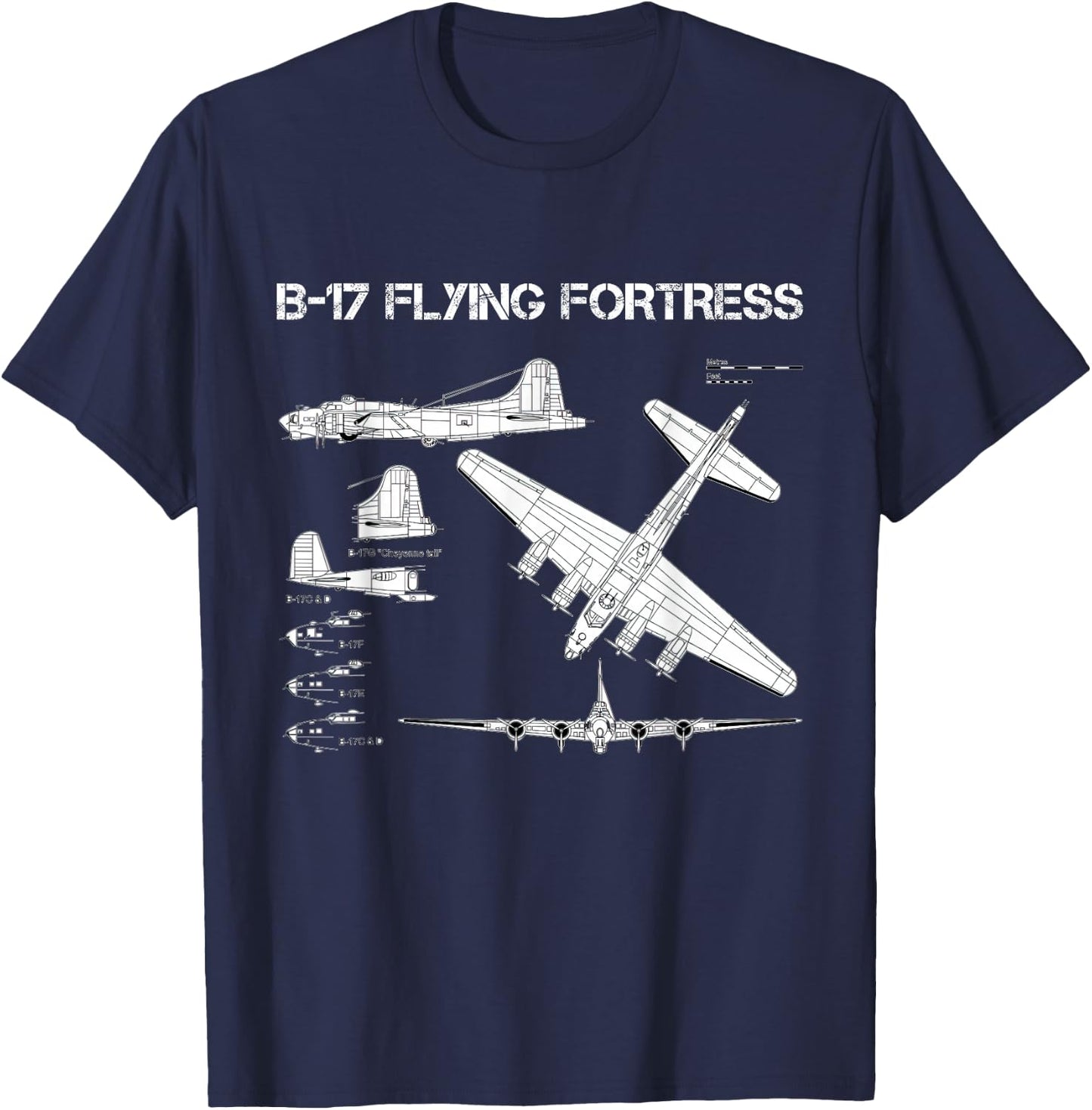 B-17 Flying Fortress WW2 Heavy Bomber Aircraft Blueprint T-Shirt - T-Shirt | Navy