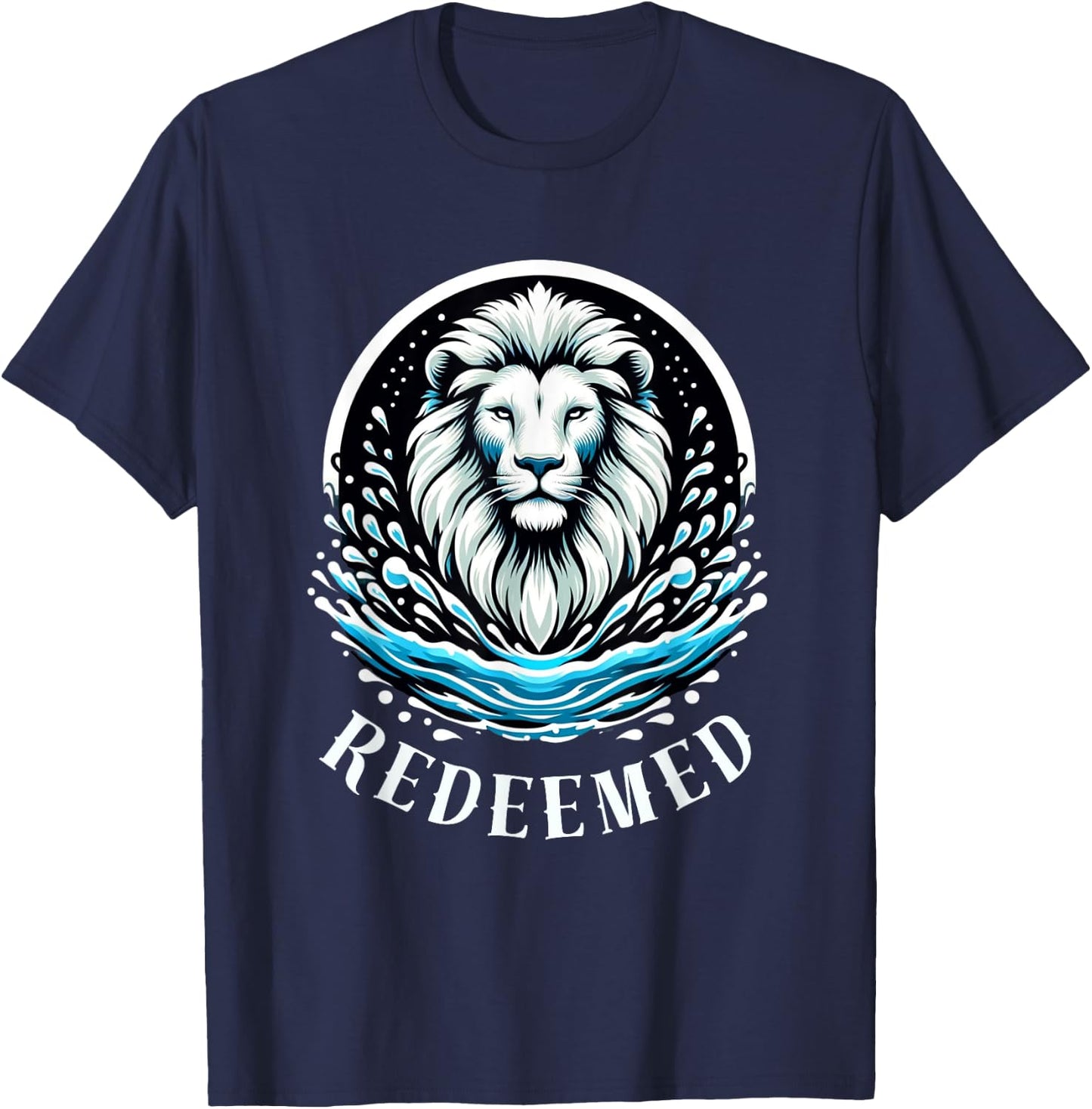 REDEEMED, LION Christian Men's Baptism T-Shirt - T-Shirt | Navy