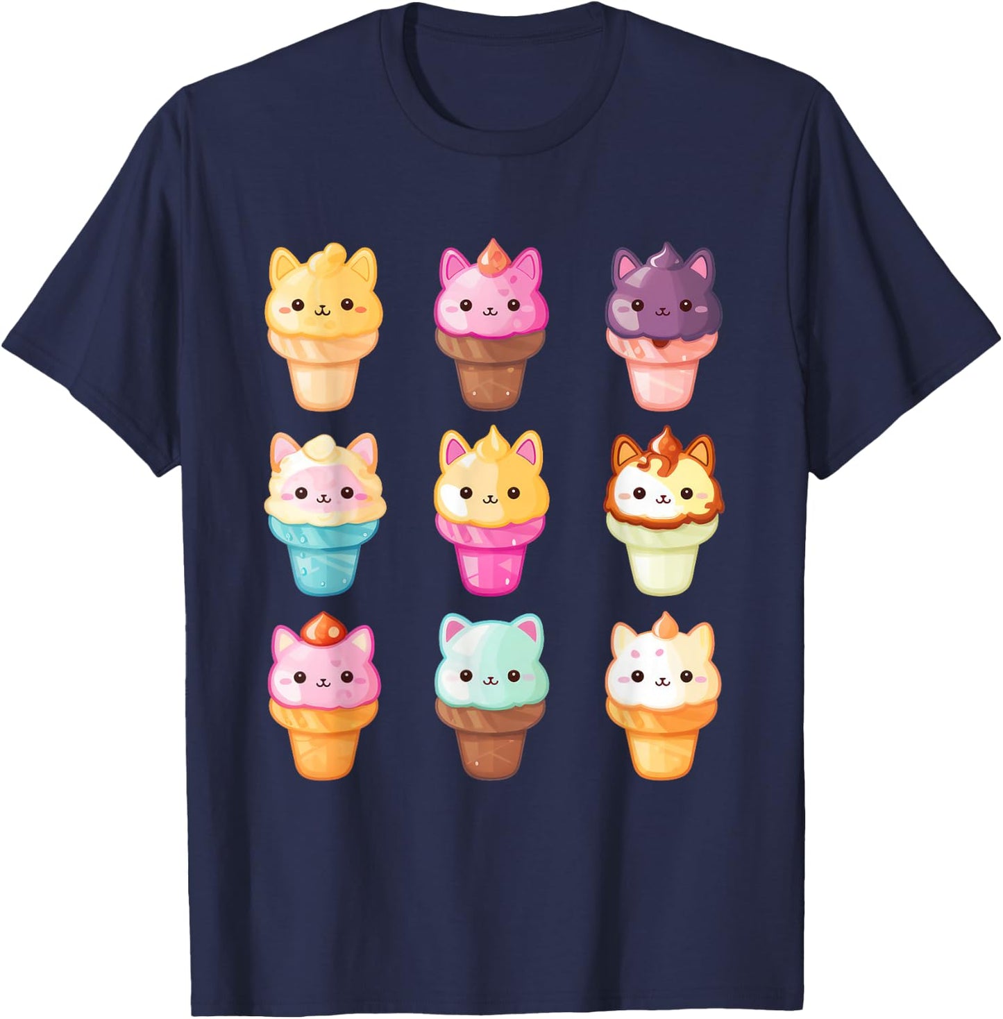 Kawaii Cat Ice Cream Sweets Food Lover Men Women Girls Kids T-Shirt - T-Shirt | Navy