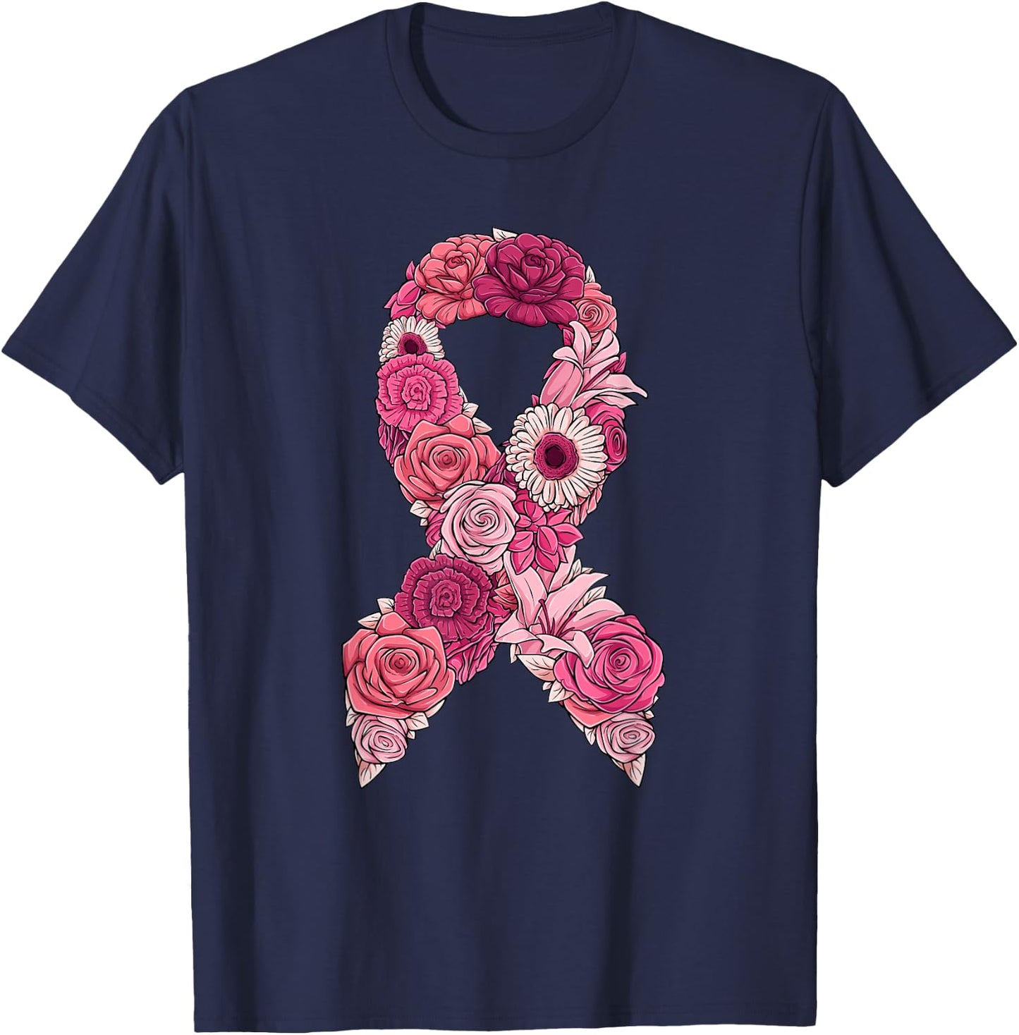 Pink Ribbon With Flowers Breast Cancer Awareness T-Shirt - T-Shirt | Navy