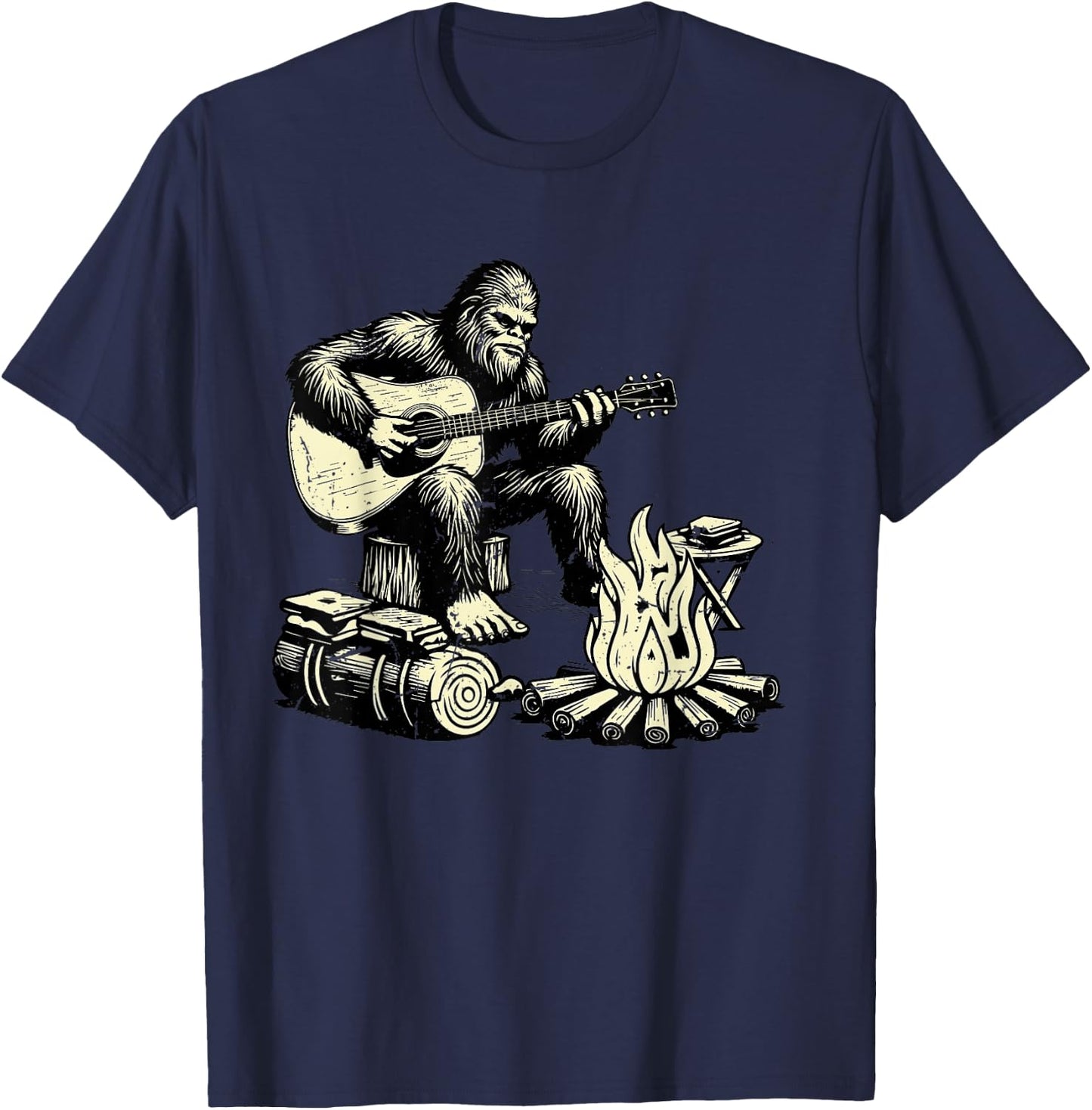 Camping Bigfoot Smore Rock Bigfoot Playing Guitar Campfire T-Shirt - T-Shirt | Navy