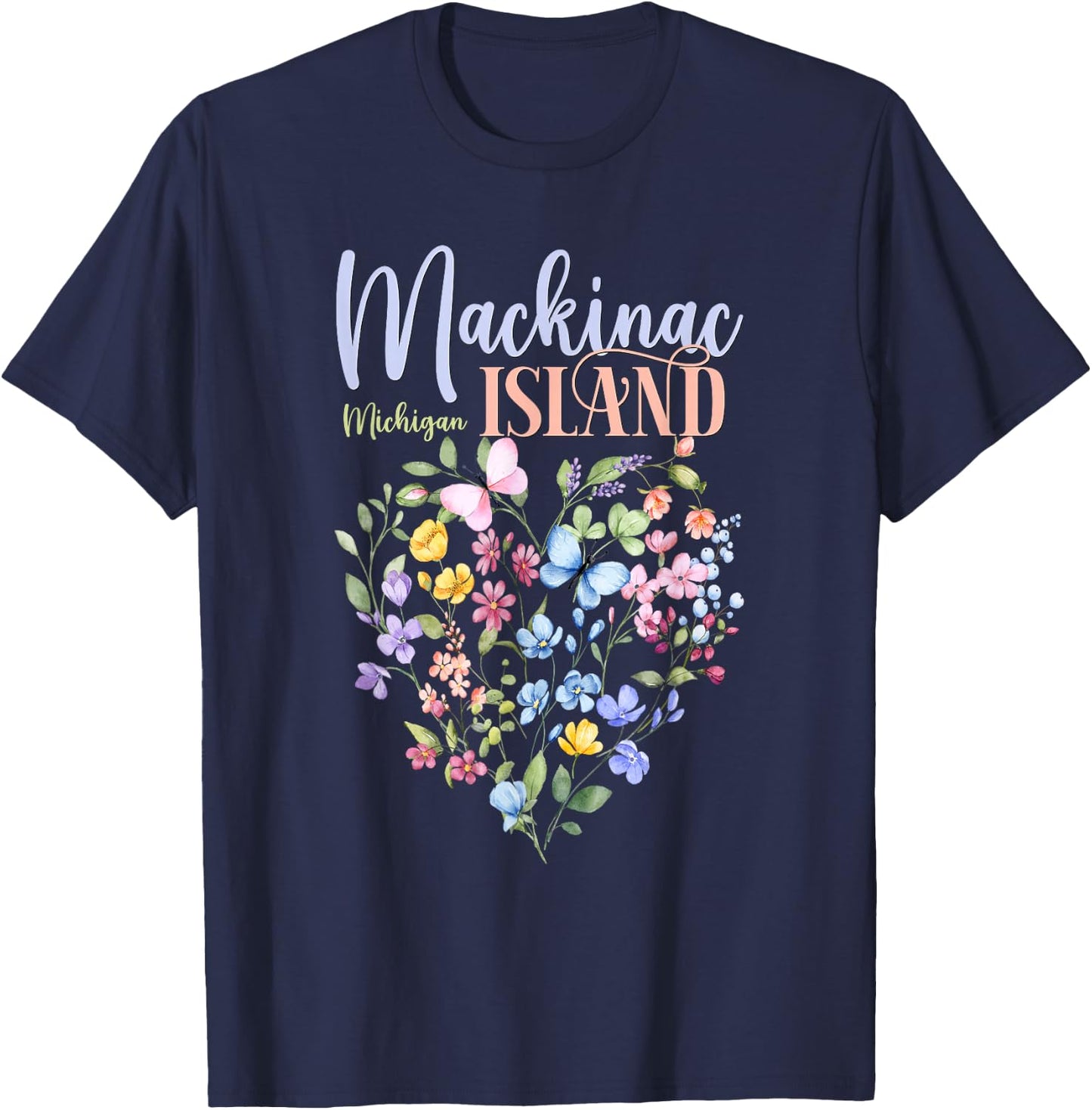 Mackinac Island Michigan Wildflowers Heart I Love Michigan T-Shirt - T-Shirt | Navy