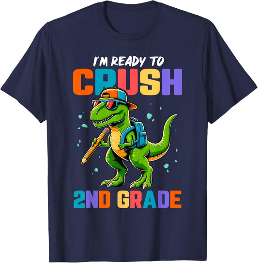 First Day of 2nd Grade Boys Kids Dinosaur Back To School T-Shirt - T-Shirt | Navy