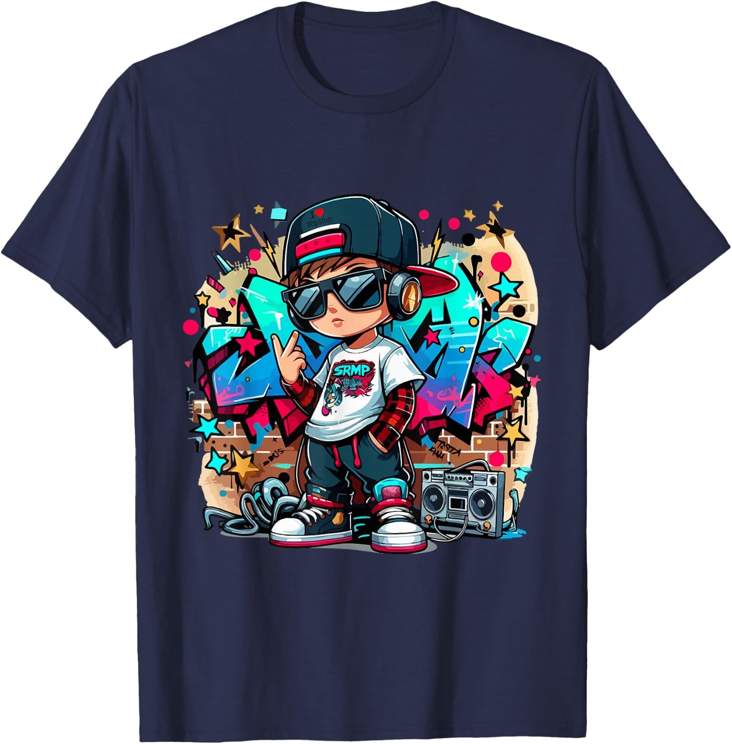 Cool Hip Hop Guy with Graffiti Illustration Graphic Style T-Shirt - T-Shirt | Navy