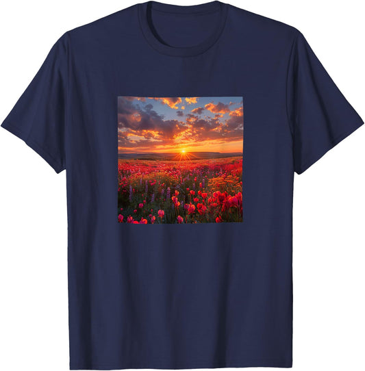 Bleeding Heart Flower Field Beautiful Sunset Graphic T-Shirt - T-Shirt | Navy