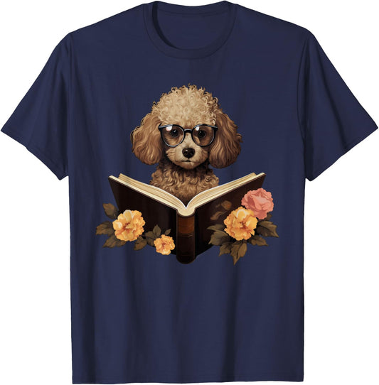 Cute Cottagecore Aesthetic Dog Poodle Reading Book T-Shirt - T-Shirt | Navy