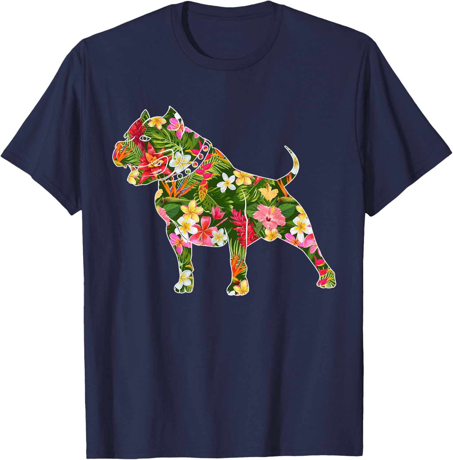 Cute Silhouette Of Pitbull Dog Hawaiian Floral Summer Vibes T-Shirt - T-Shirt | Navy