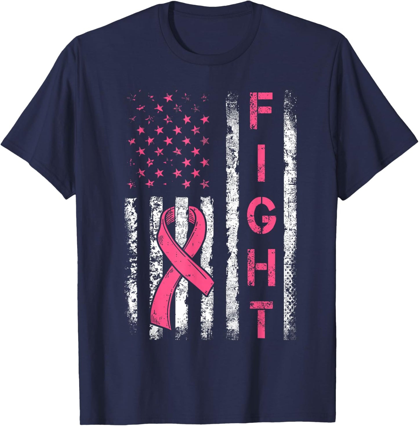 Fight Breast Cancer Awareness Pink Ribbon American Flag T-Shirt - T-Shirt | Navy