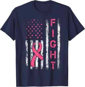Fight Breast Cancer Awareness Pink Ribbon American Flag T-Shirt - T-Shirt | Navy