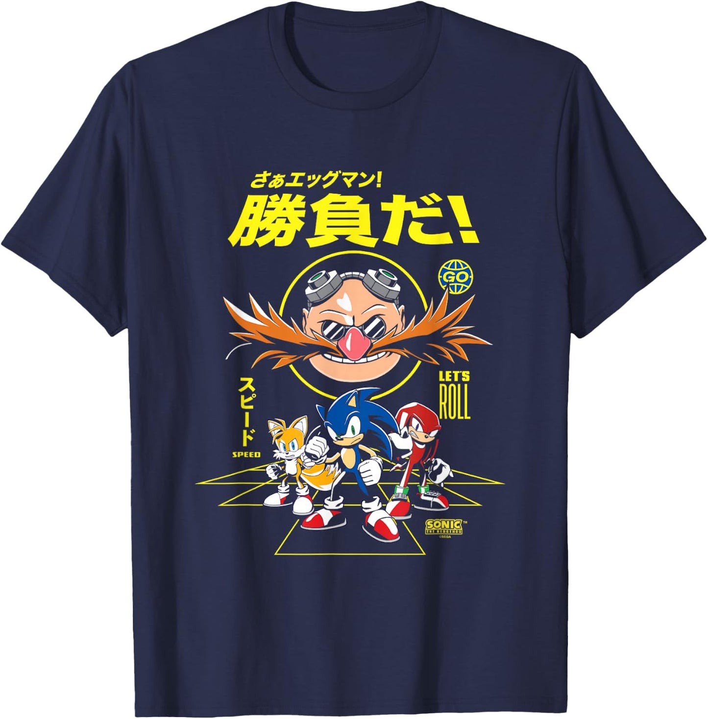 Sonic The Hedgehog Let's Roll Distressed Kanji Poster T-Shirt - T-Shirt | Navy
