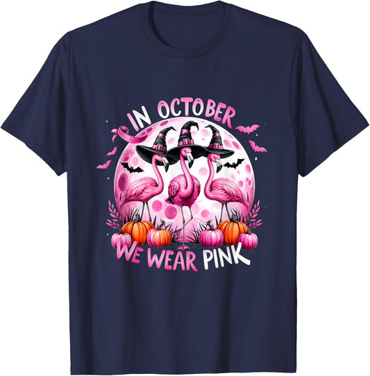 Flamingo In October We Wear Pink Breast Cancer Halloween T-Shirt - T-Shirt | Navy