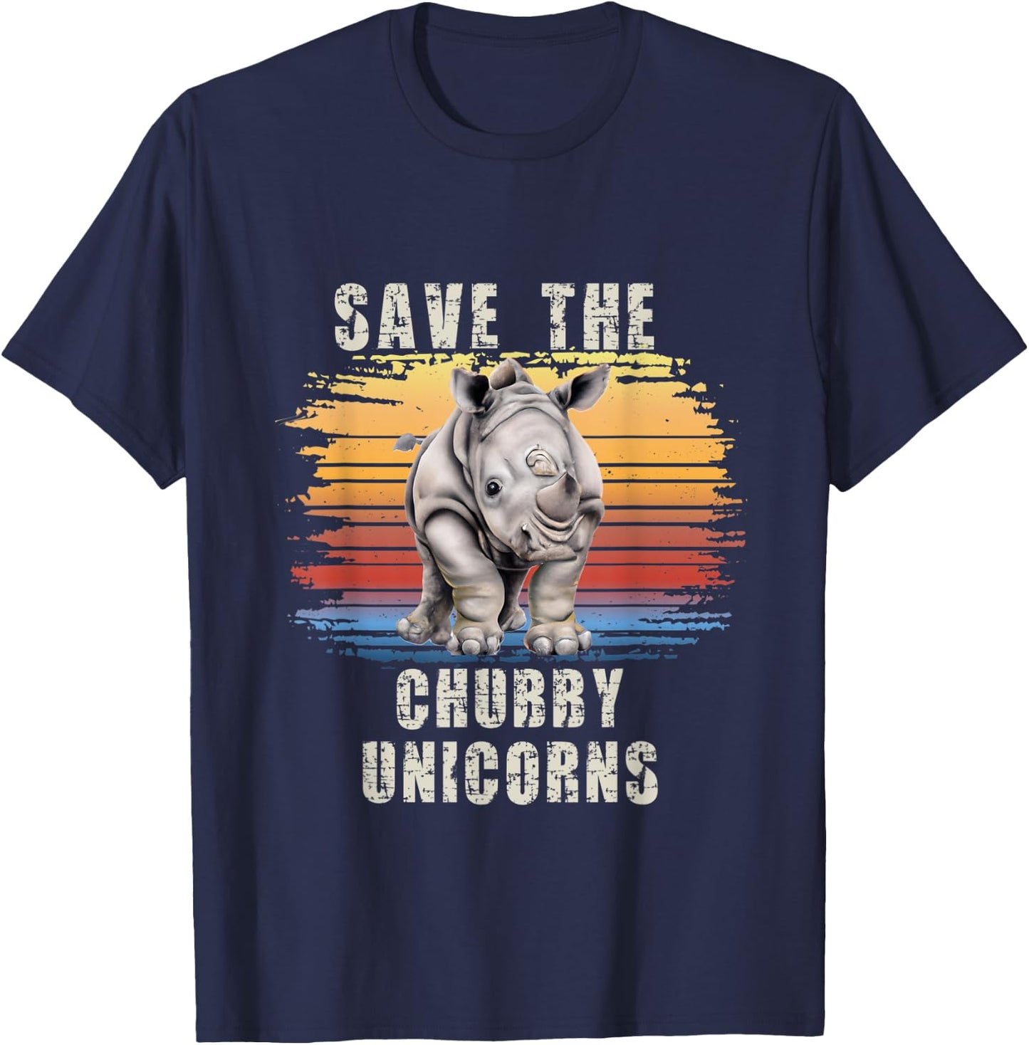 Save The Chubby Unicorns Retro Sunset Rhino Funny T-Shirt - T-Shirt | Navy