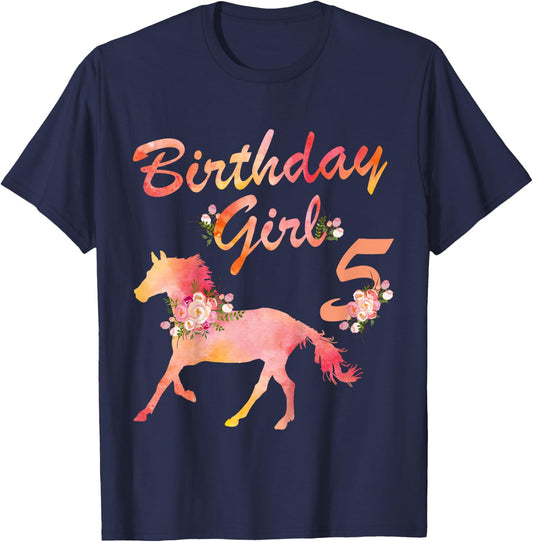 Horse Lover 5th Birthday For Girls Love Horses 5 Years Old T-Shirt - T-Shirt | Navy