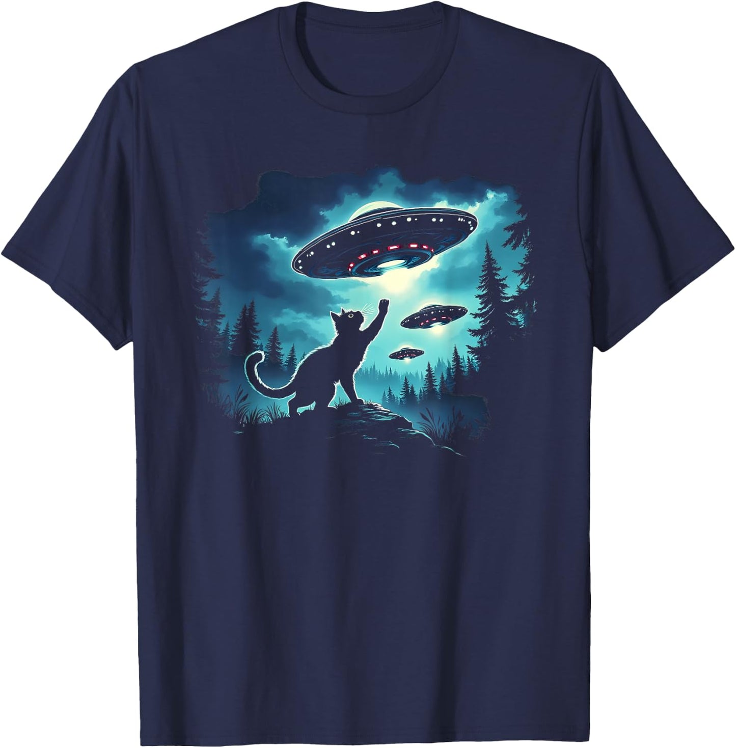 Alien Cat Playing With Ufo T-Shirt - T-Shirt | Navy