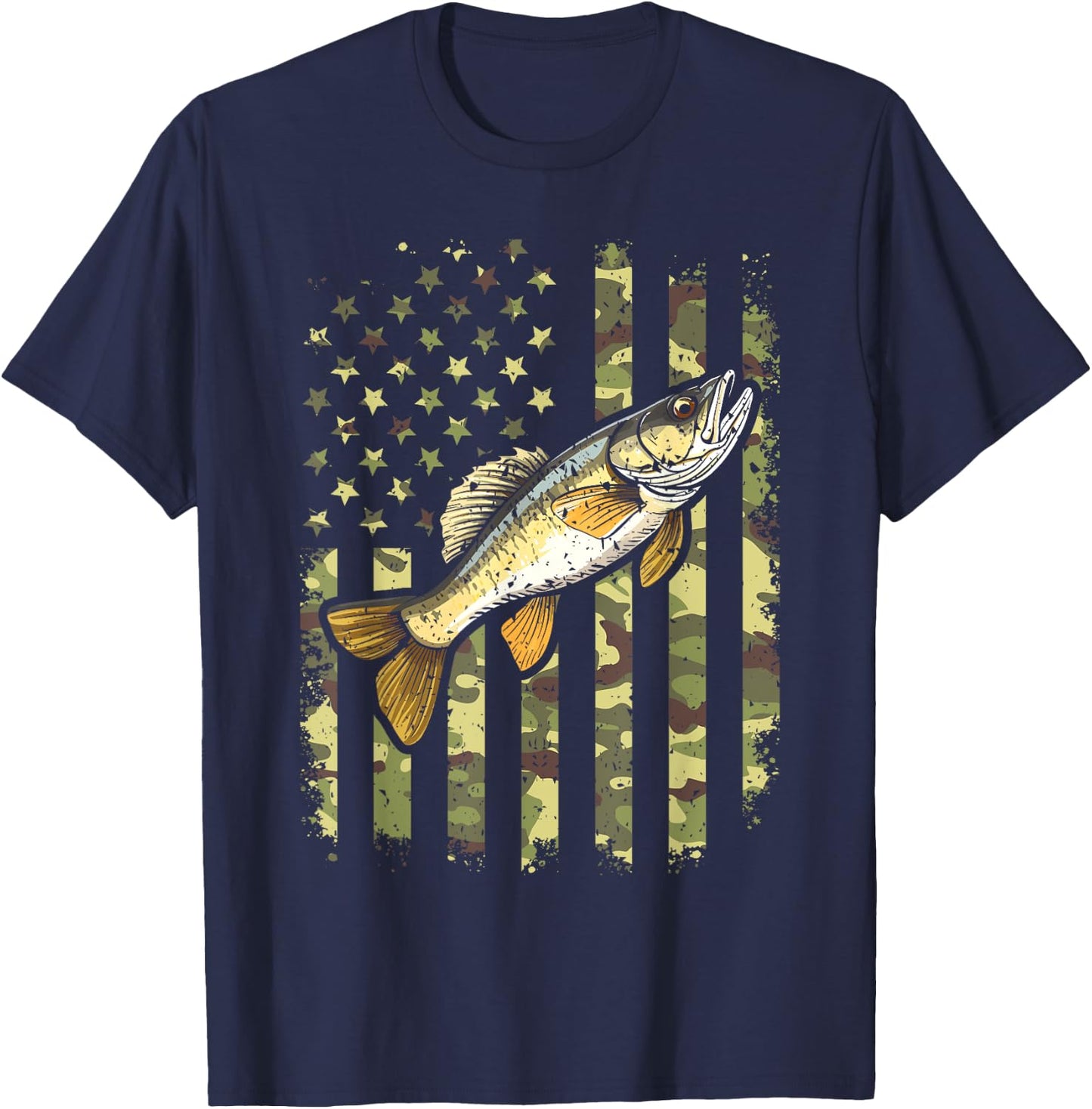 Walleye Camo American Flag, Fishing Walleye T-Shirt - T-Shirt | Navy