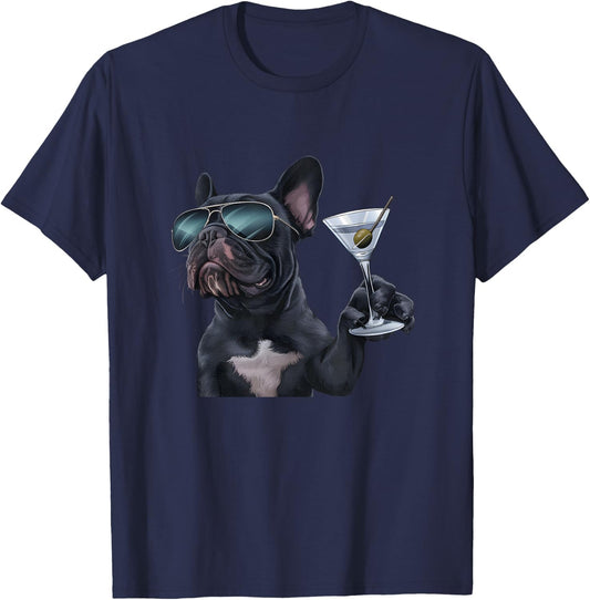 French Bulldog Drinking Martini T-Shirt - T-Shirt | Navy