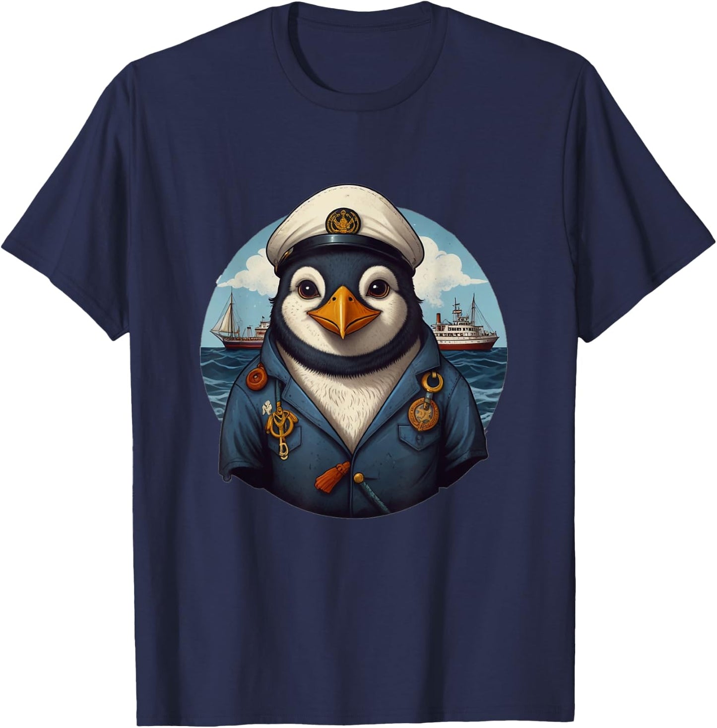 Penguin Captain Sailor on High Seas Coast Ship Anchor T-Shirt - T-Shirt | Navy