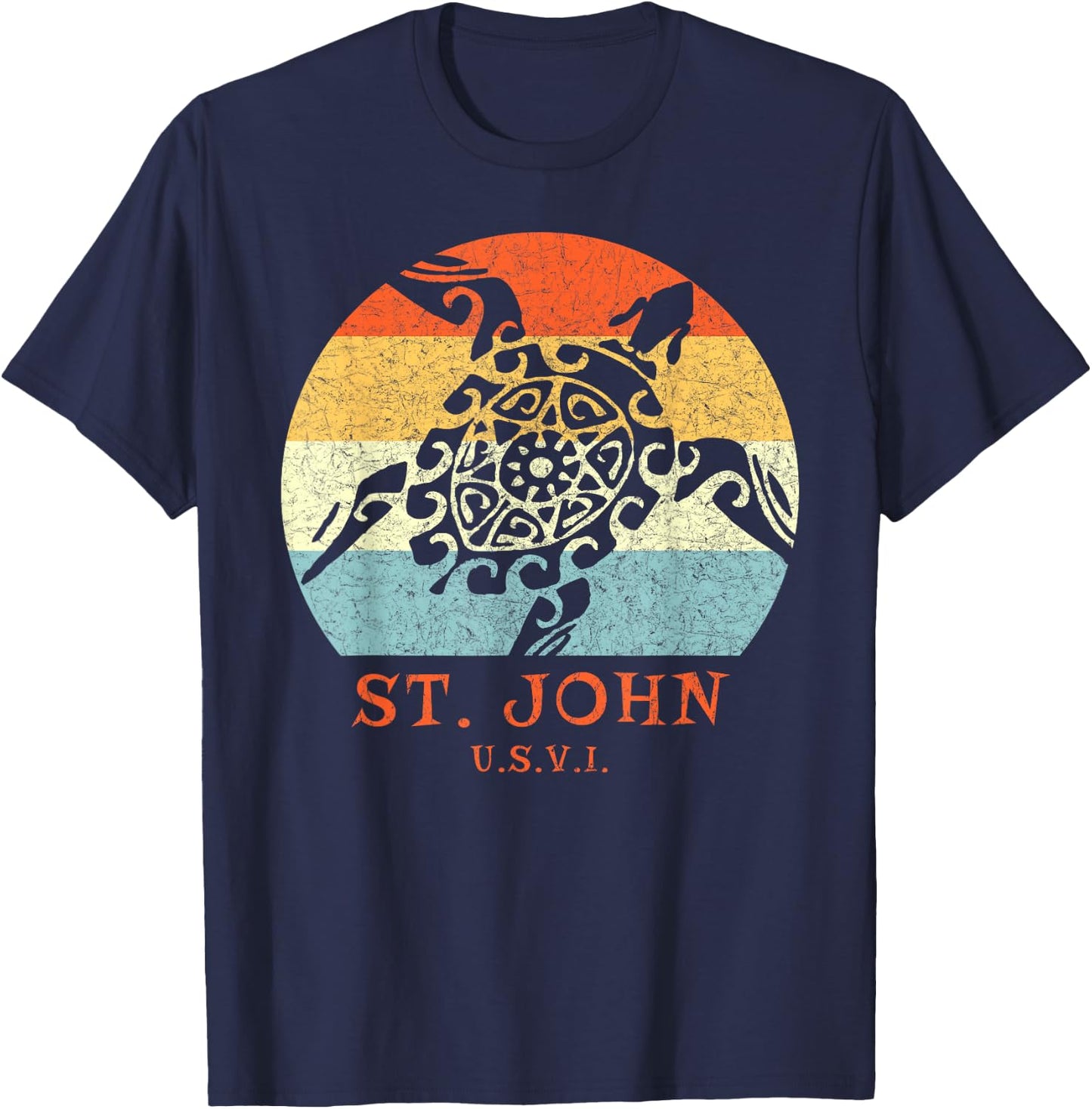 St. John USVI Vintage Retro Tribal Turtle Vacation T-Shirt - T-Shirt | Navy
