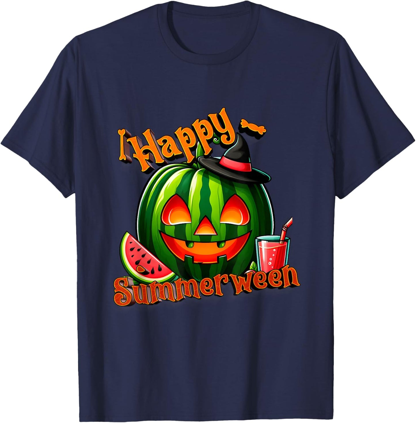 Summer ween Summer Watermelon Jack O Lantern Halloween Men Women T-Shirt - T-Shirt | Navy