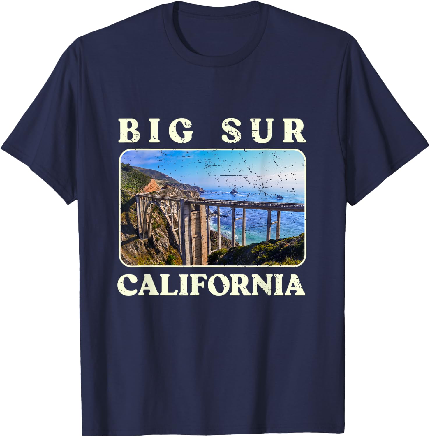 Vintage Bixby Bridge Landscape California Big Sur Travel T-Shirt - T-Shirt | Navy