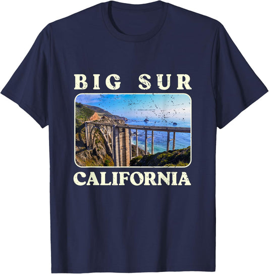 Vintage Bixby Bridge Landscape California Big Sur Travel T-Shirt - T-Shirt | Navy