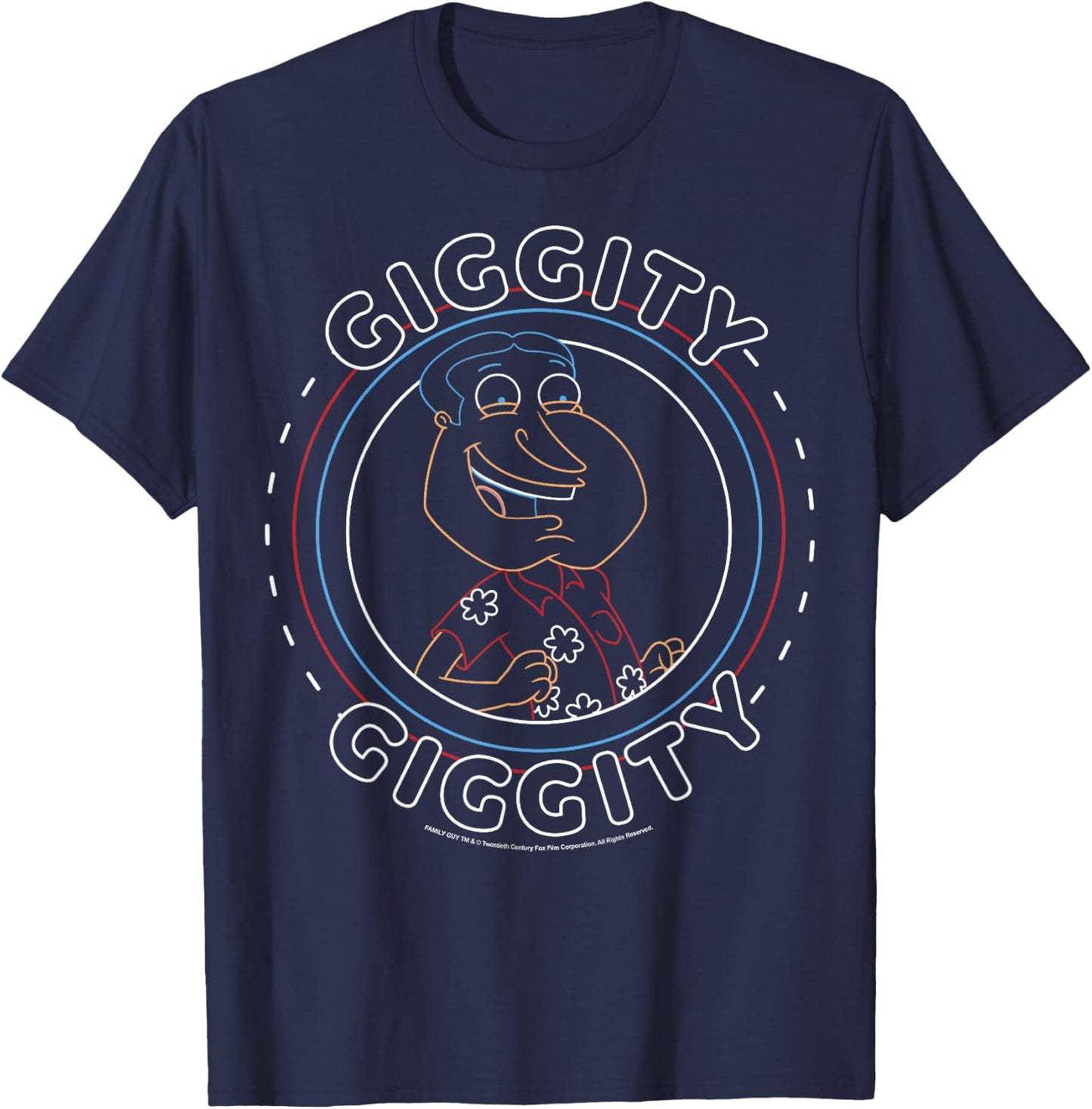 Family Guy Giggity Giggity Neon Outline Big Chest Round Logo T-Shirt - T-Shirt | Navy