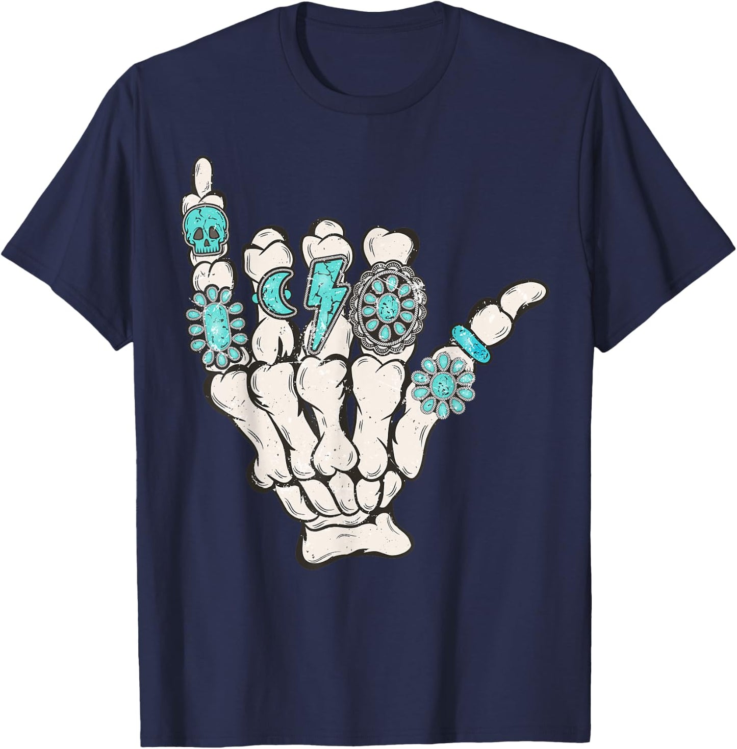 Skeleton Turquoise Hand Western Rodeo Cowboy Cowgirl T-Shirt - T-Shirt | Navy
