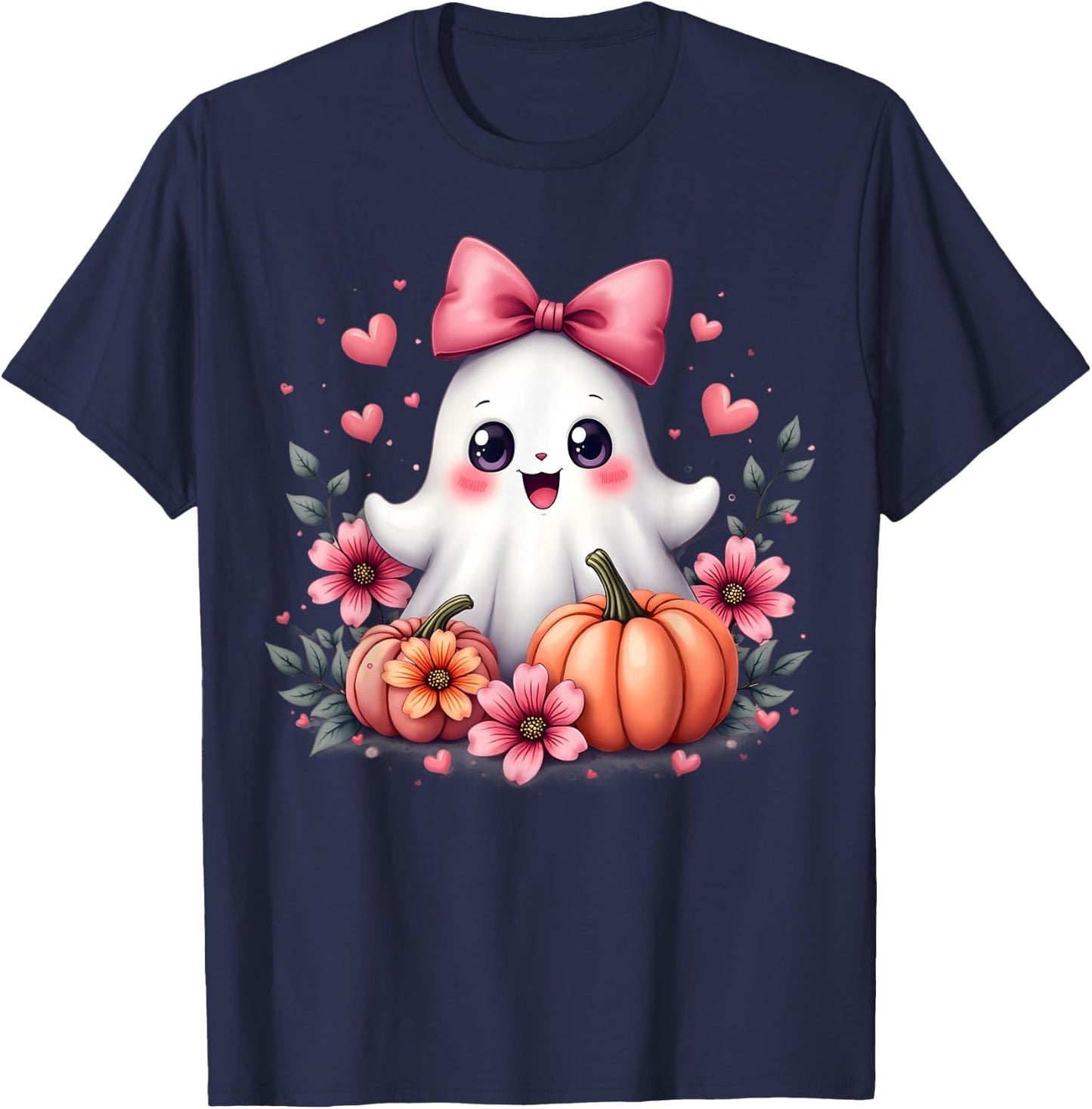 Cute Kawaii Ghost with Pink Bow Halloween Pumpkin Flowers T-Shirt - T-Shirt | Navy