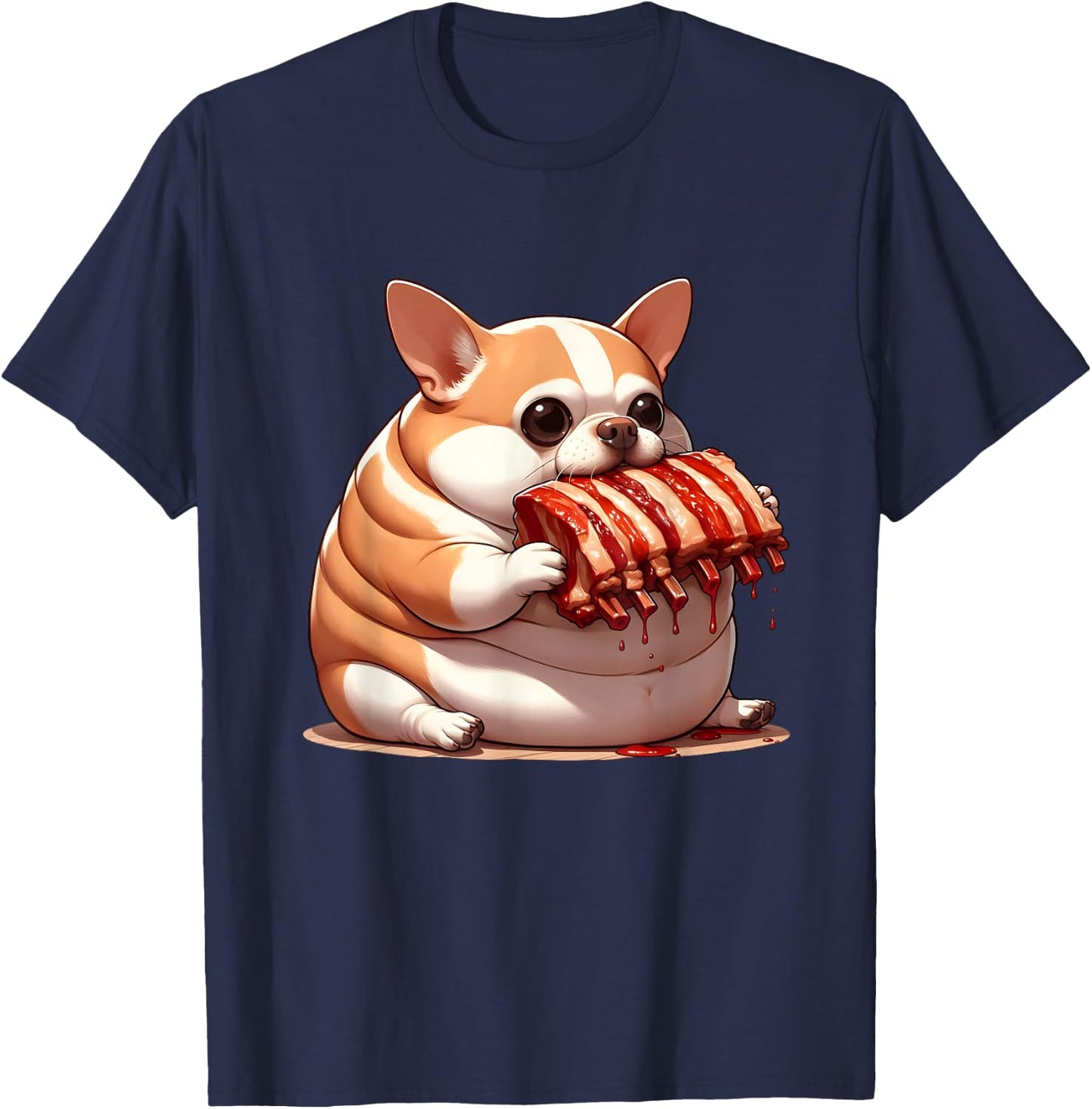 Fat Chihuahua Eating Spareribs , Small, Black T-Shirt - T-Shirt | Navy