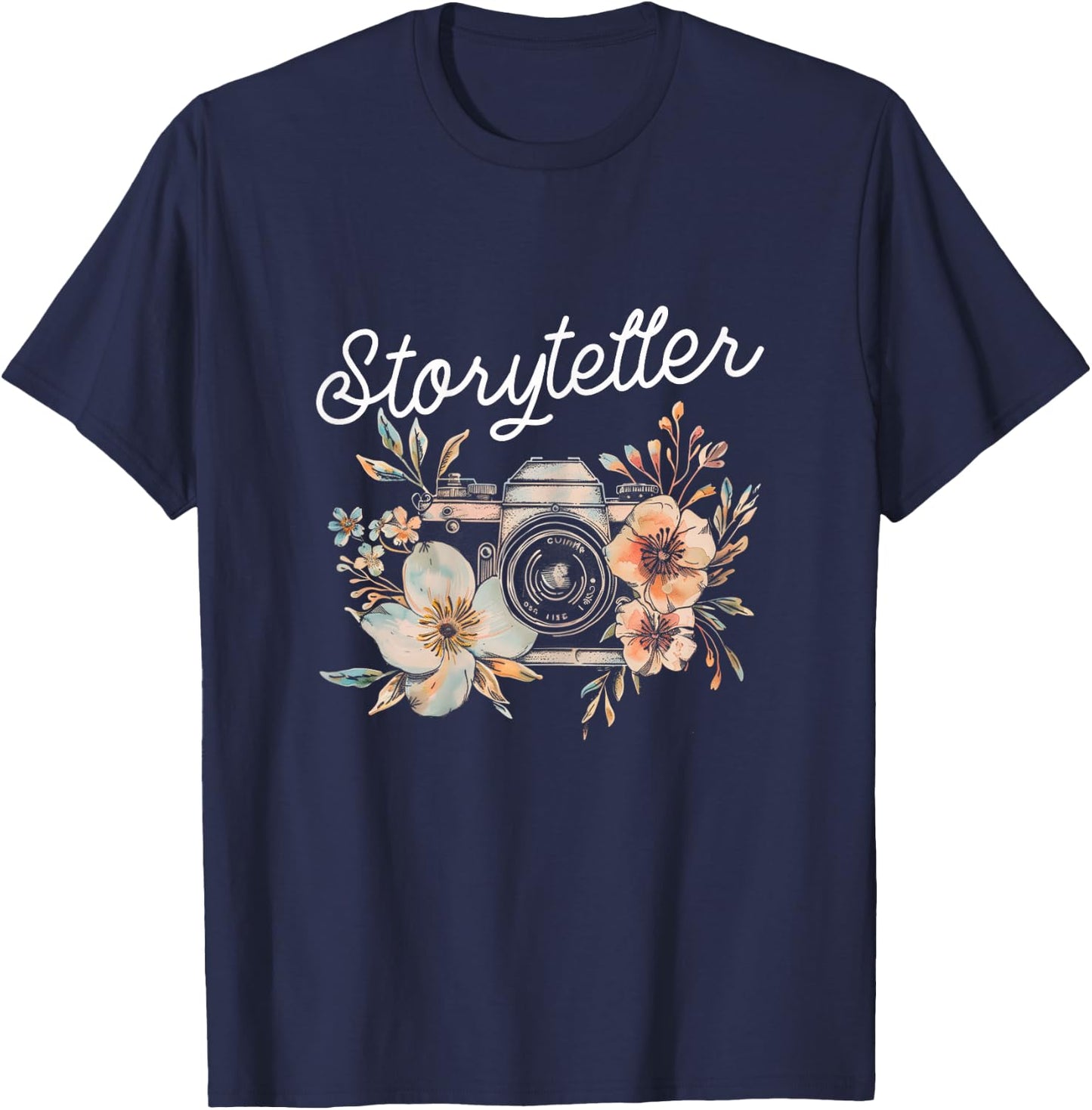 Photographer Storyteller Vintage Camera Flowers Photography T-Shirt - T-Shirt | Navy
