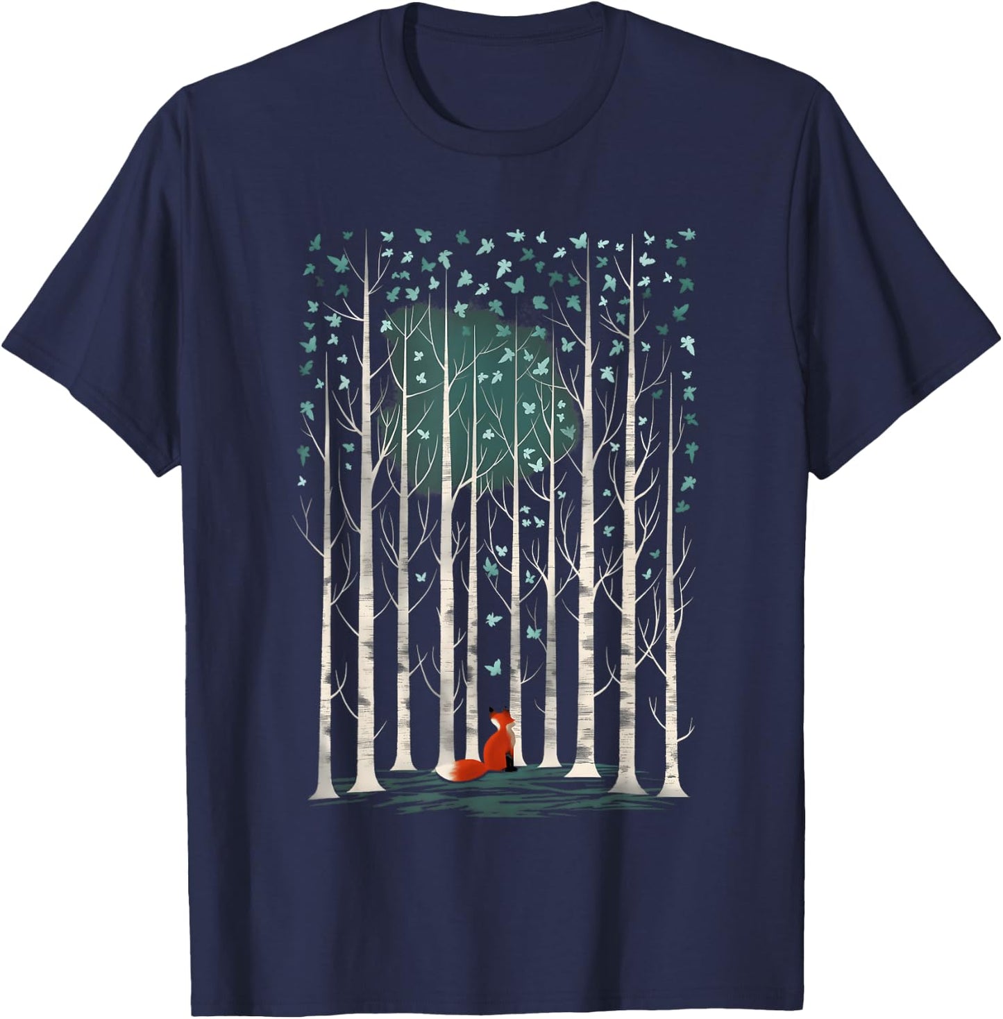 The Silent Observer: a fox in forest woods with birch trees T-Shirt - T-Shirt | Navy