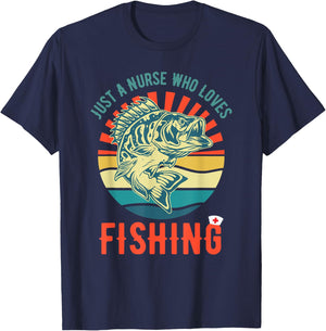 Just a Nurse Who Loves Fishing Retro Fisherman Gifts T-Shirt - T-Shirt | Navy
