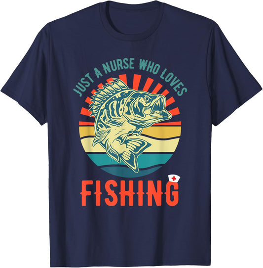 Just a Nurse Who Loves Fishing Retro Fisherman Gifts T-Shirt - T-Shirt | Navy