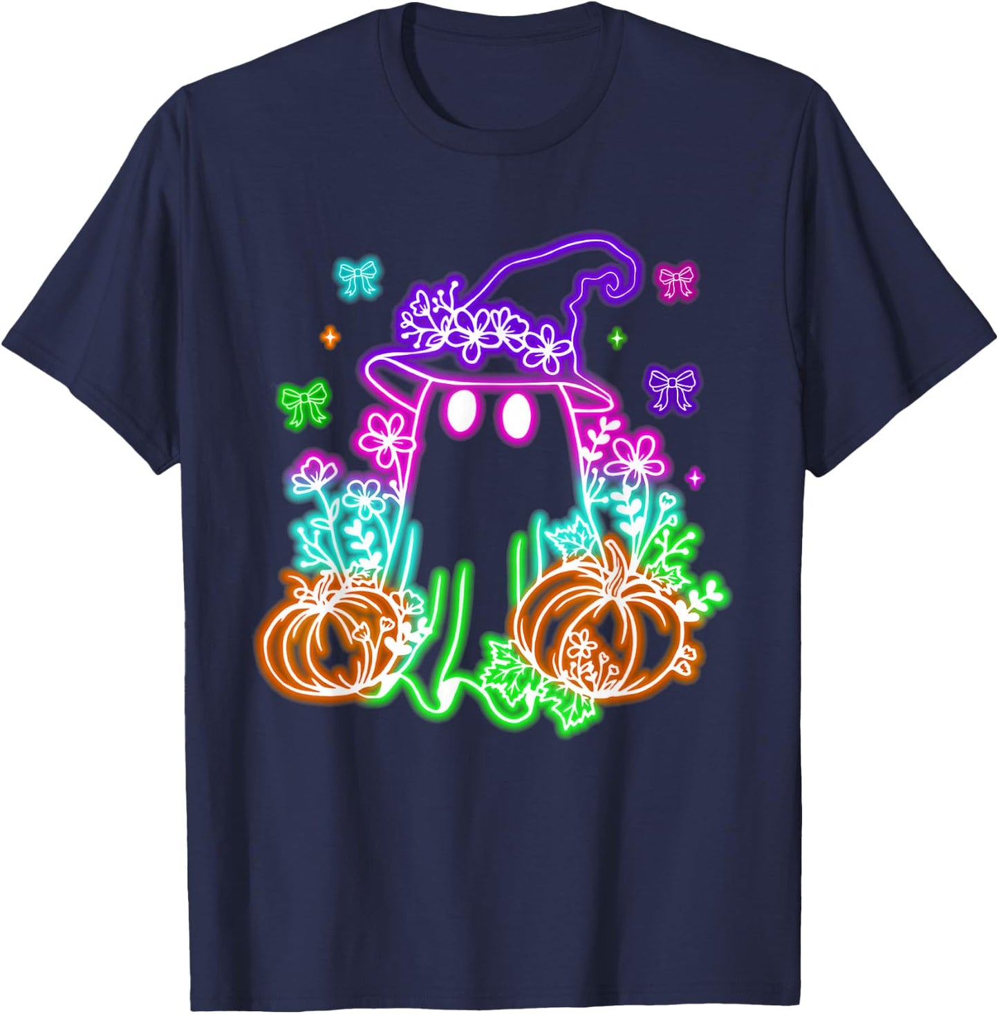 Cute Boo Halloween Ghost Witch Pumpkin Trendy Halloween Neon T-Shirt - T-Shirt | Navy