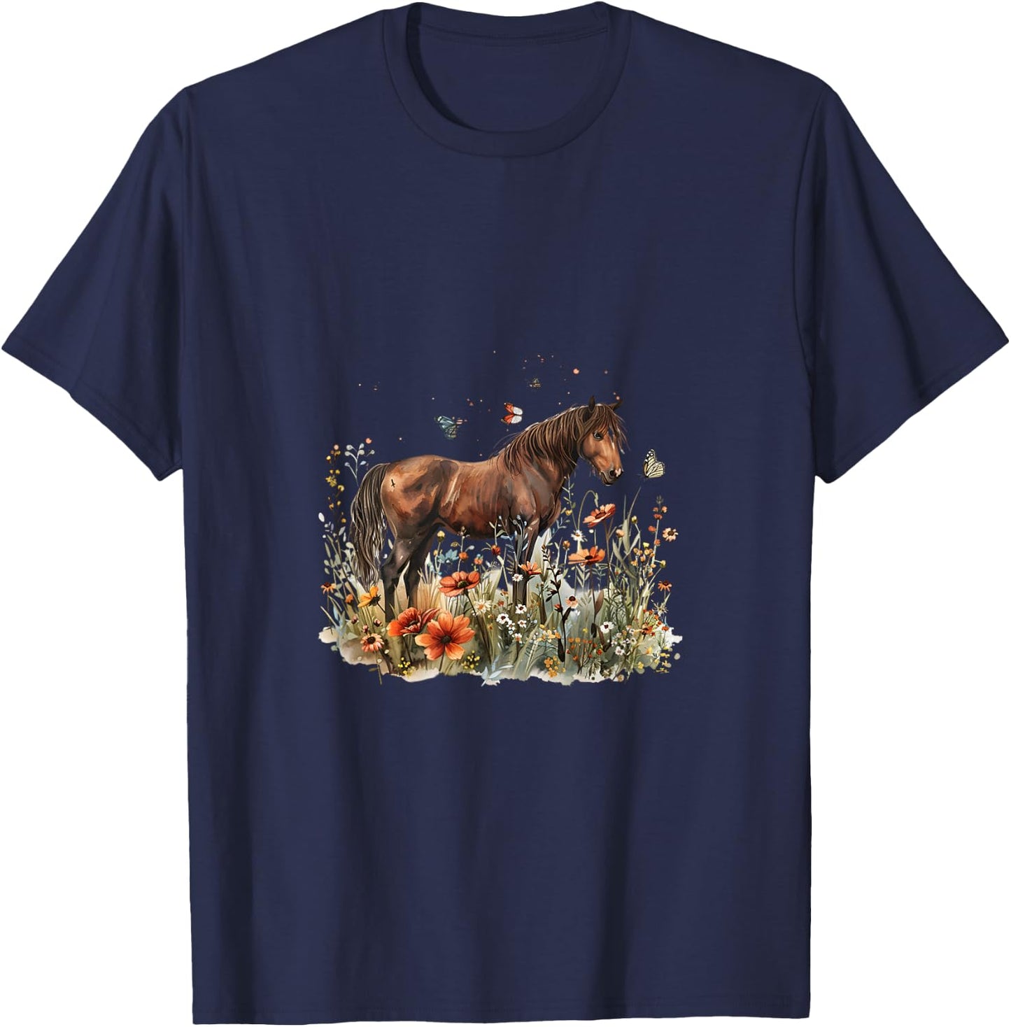 Horse in Flower Meadow with Butterflies T-Shirt - T-Shirt | Navy