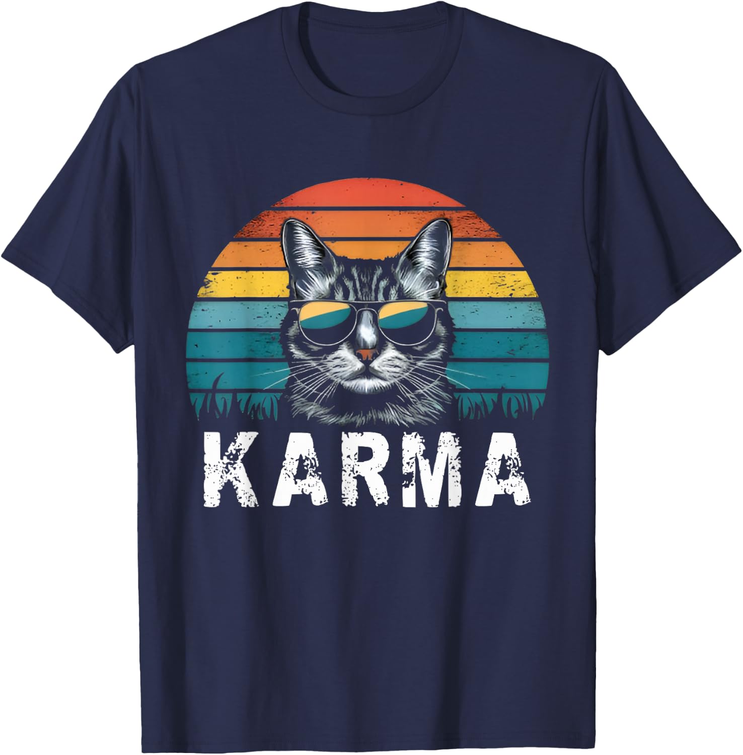 Vintage Cat Music Sunset Gifts Women Men Kids Girls Karma T-Shirt - T-Shirt | Navy