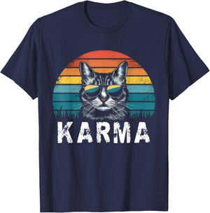 Vintage Cat Music Sunset Gifts Women Men Kids Girls Karma T-Shirt - T-Shirt | Navy