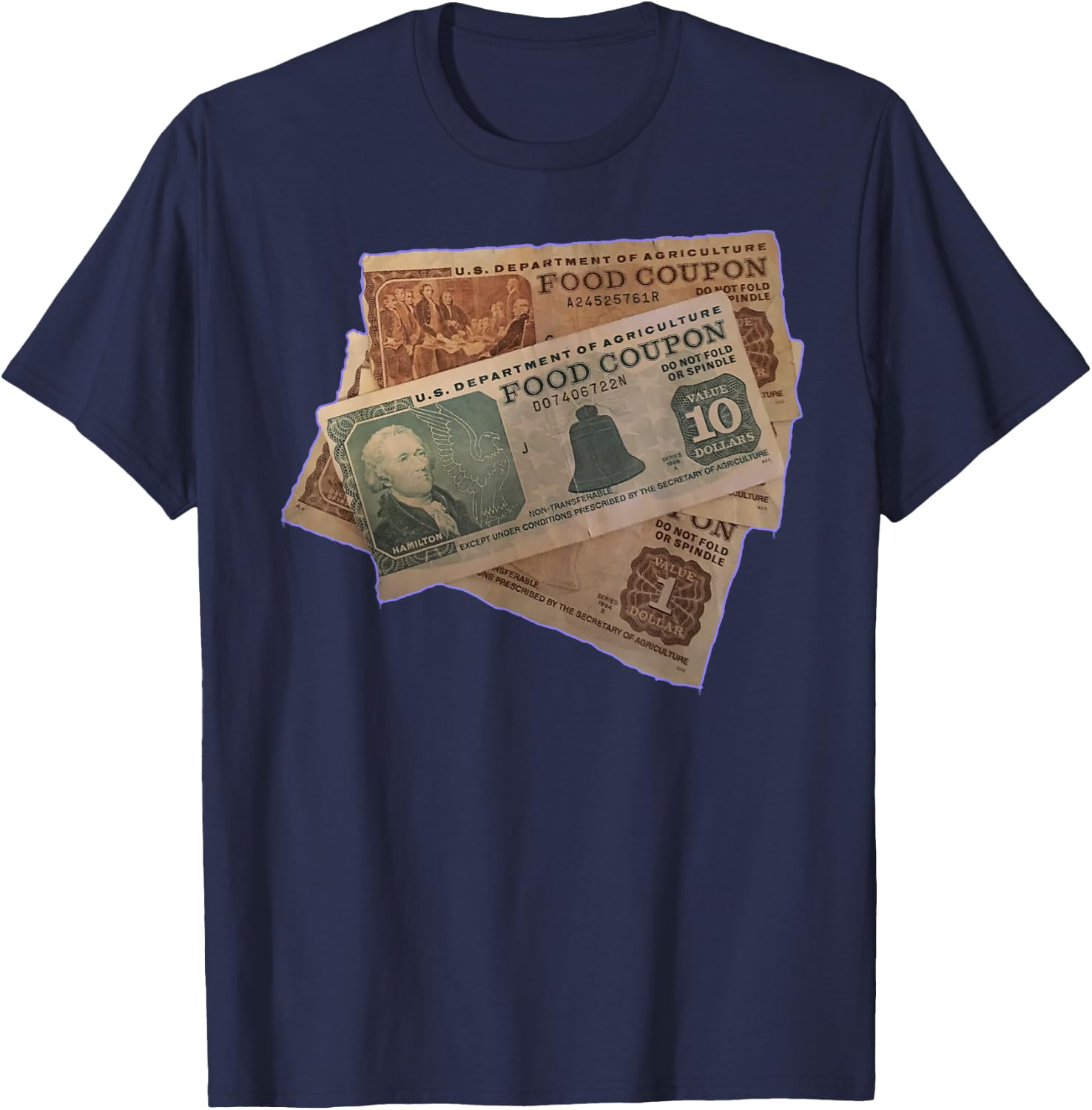 90s RETRO FUNNY GANGSTER FOOD STAMP FOODSTAMP 80s PARTY T-Shirt - T-Shirt | Navy