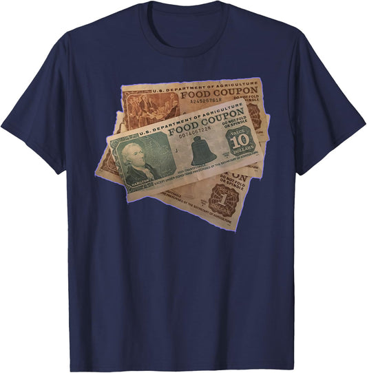 90s RETRO FUNNY GANGSTER FOOD STAMP FOODSTAMP 80s PARTY T-Shirt - T-Shirt | Navy