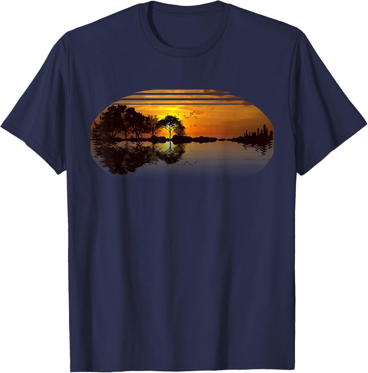 Guitar Sunset Sky Trees City Lake Reflection Stylish Design T-Shirt - T-Shirt | Navy