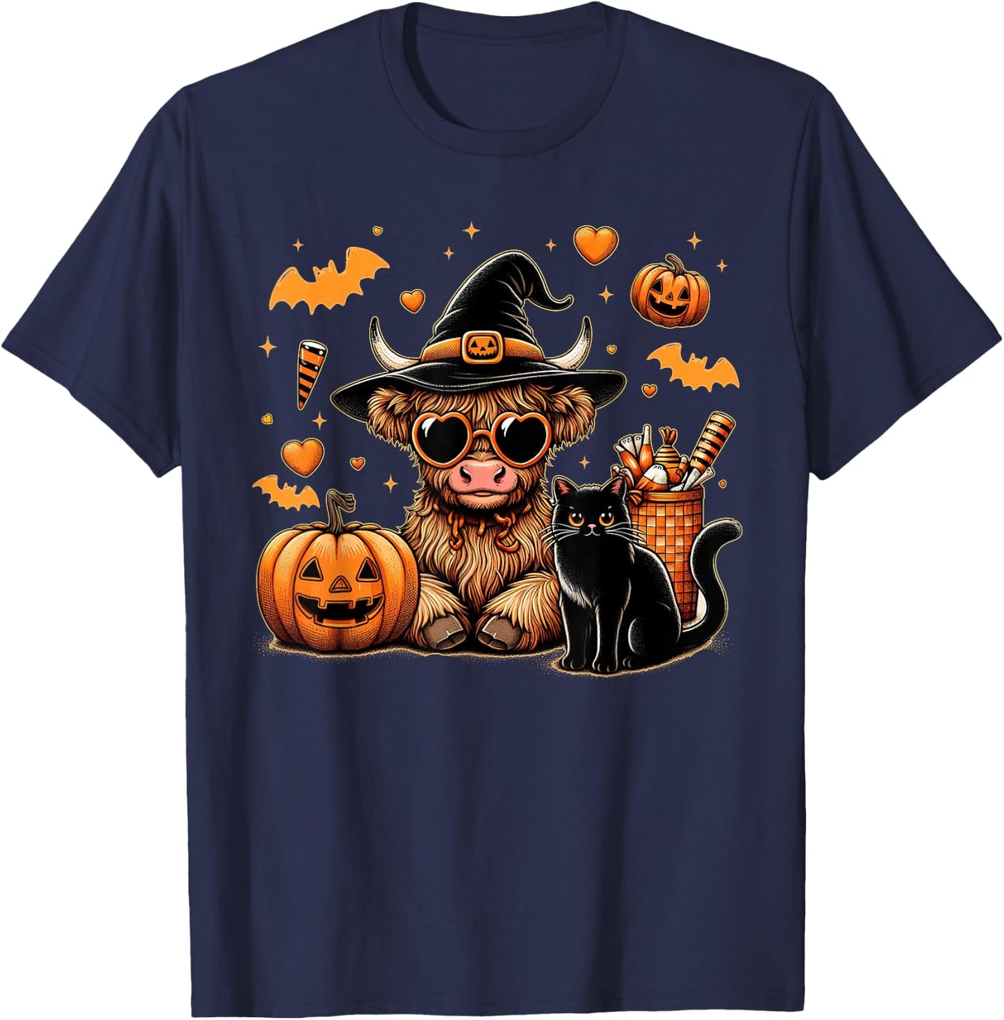 Highland Cow Halloween Shirt Women Girls Fall Autumn T-Shirt - T-Shirt | Navy